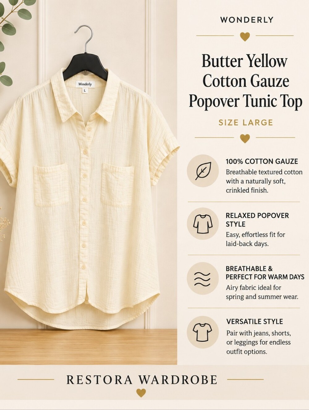 Wonderly Popover Tunic Top Butter Yellow Cotton Gauze L Coastal